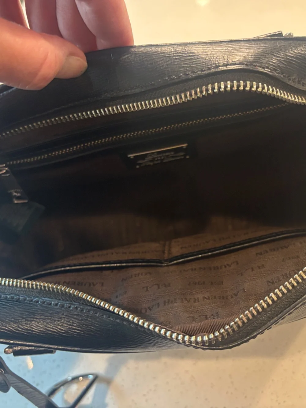 Lauren Ralph Lauren Black Leather Crest-Embossed Dome Satchel Bag